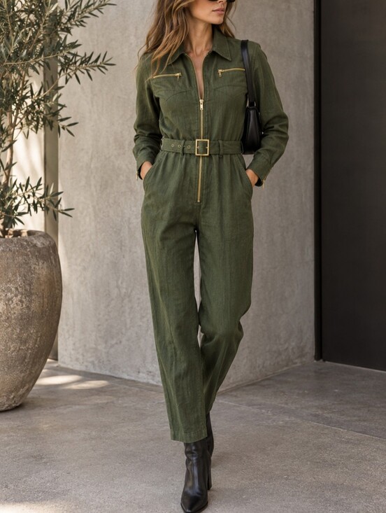 WeWoreWhat Pants - WeWoreWhat Olive Green Linen Utility Jumpsuit with Gold Hardware Size S
